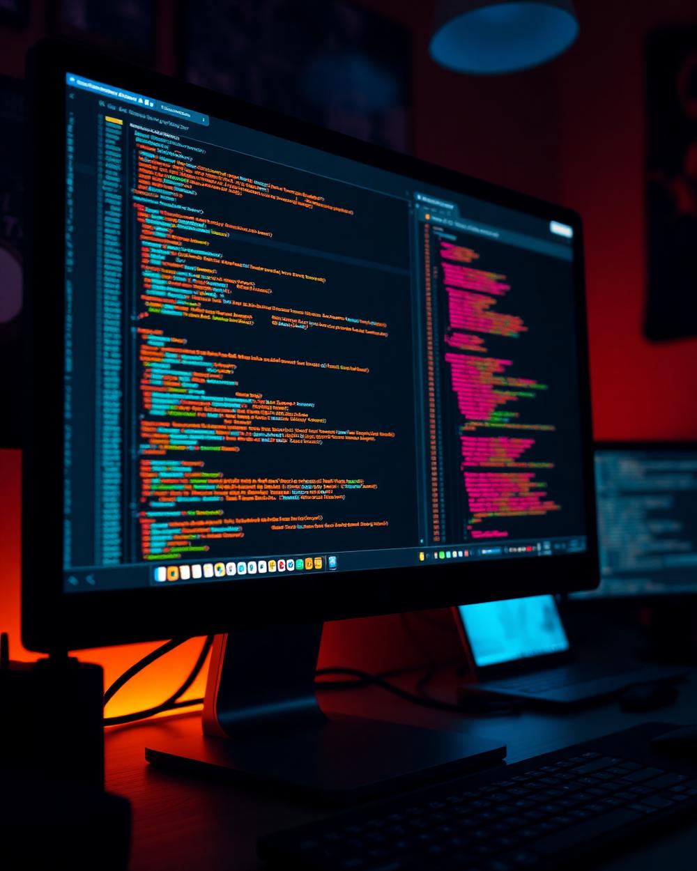 Designer workspace with a monitor showing code