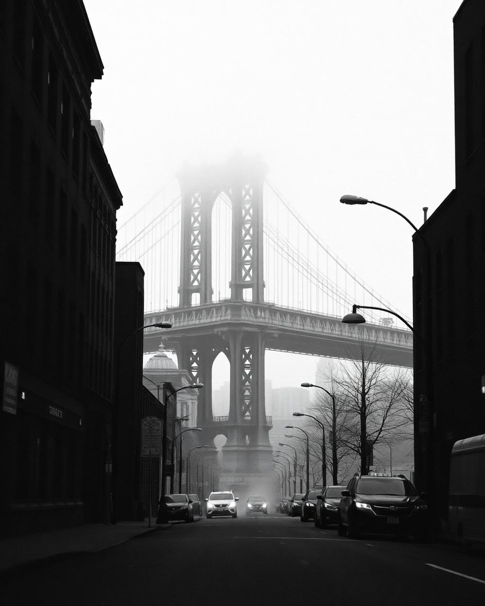 A foggy New York street with the Manhattan Bridge